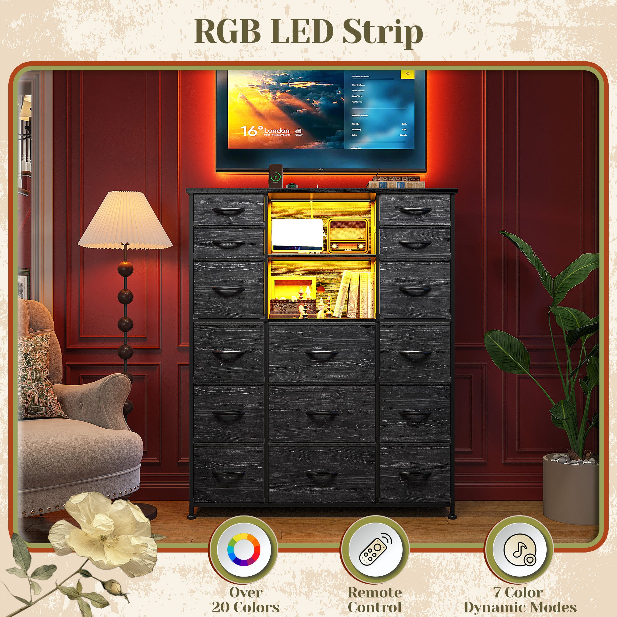 15-Drawer Smart Dresser with Charging Station & LED Lights - 51" Tall Fabric Storage Organizer, Steel Frame, Wood Shelves | No Assembly Hassle, Anti-Tip Safety, for Bedroom, Closet, Hallway
