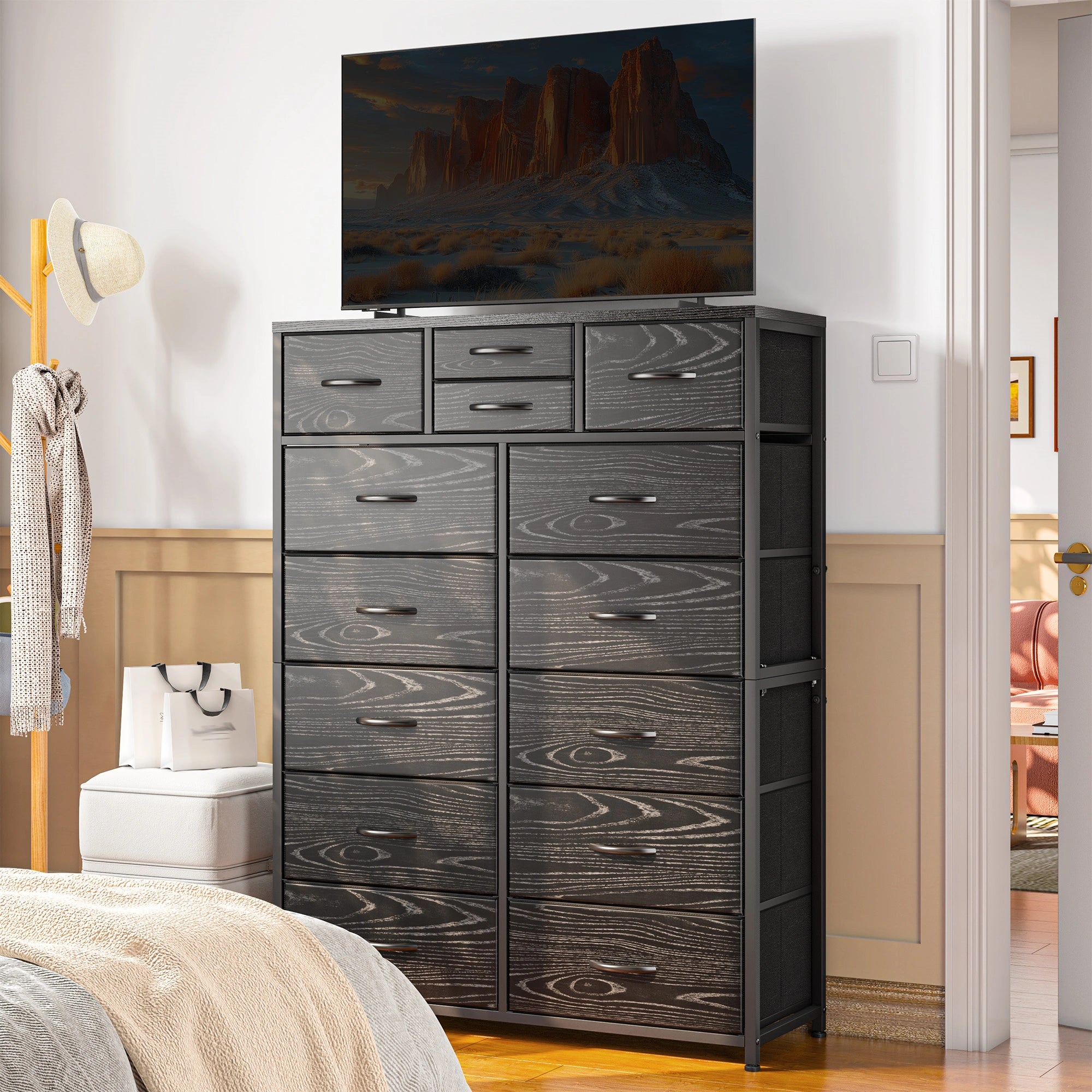 Snhomee Dresser for Bedroom with 14 Drawers, Tall Dressers for Bedroom,  Sturdy Metal Frame & Wood, Top Large Fabric Chest of Drawers, Closet, Livingroom