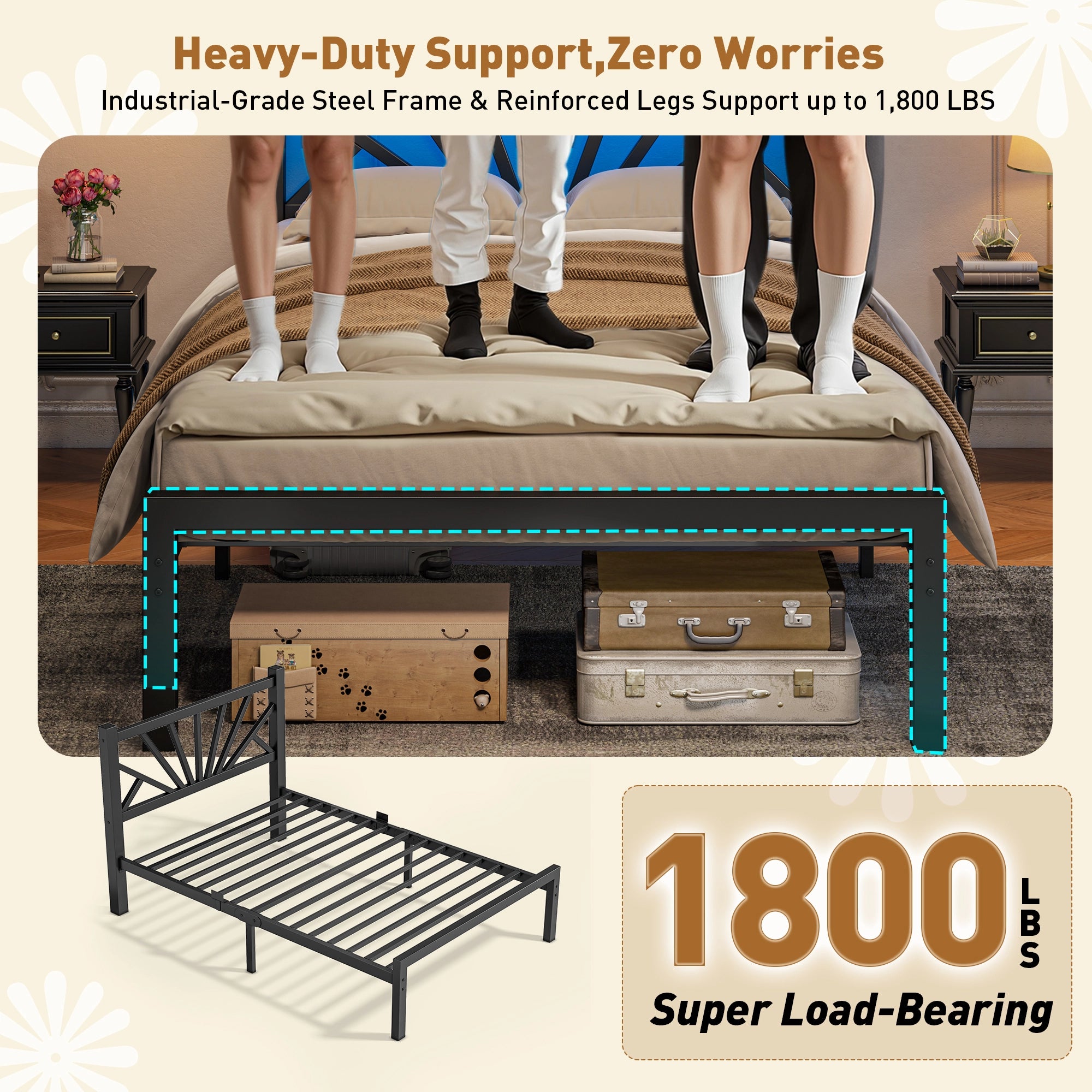 Snhomee Metal Bed Frame with LED Backlight, Storage Space, 1800lbs Weight Capacity & Quiet Structure