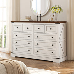 10-Drawer Farmhouse Dresser with Metal Rails - 55" Wide Bedroom Storage & TV Stand, 36"H x 15"D-White-snhomee
