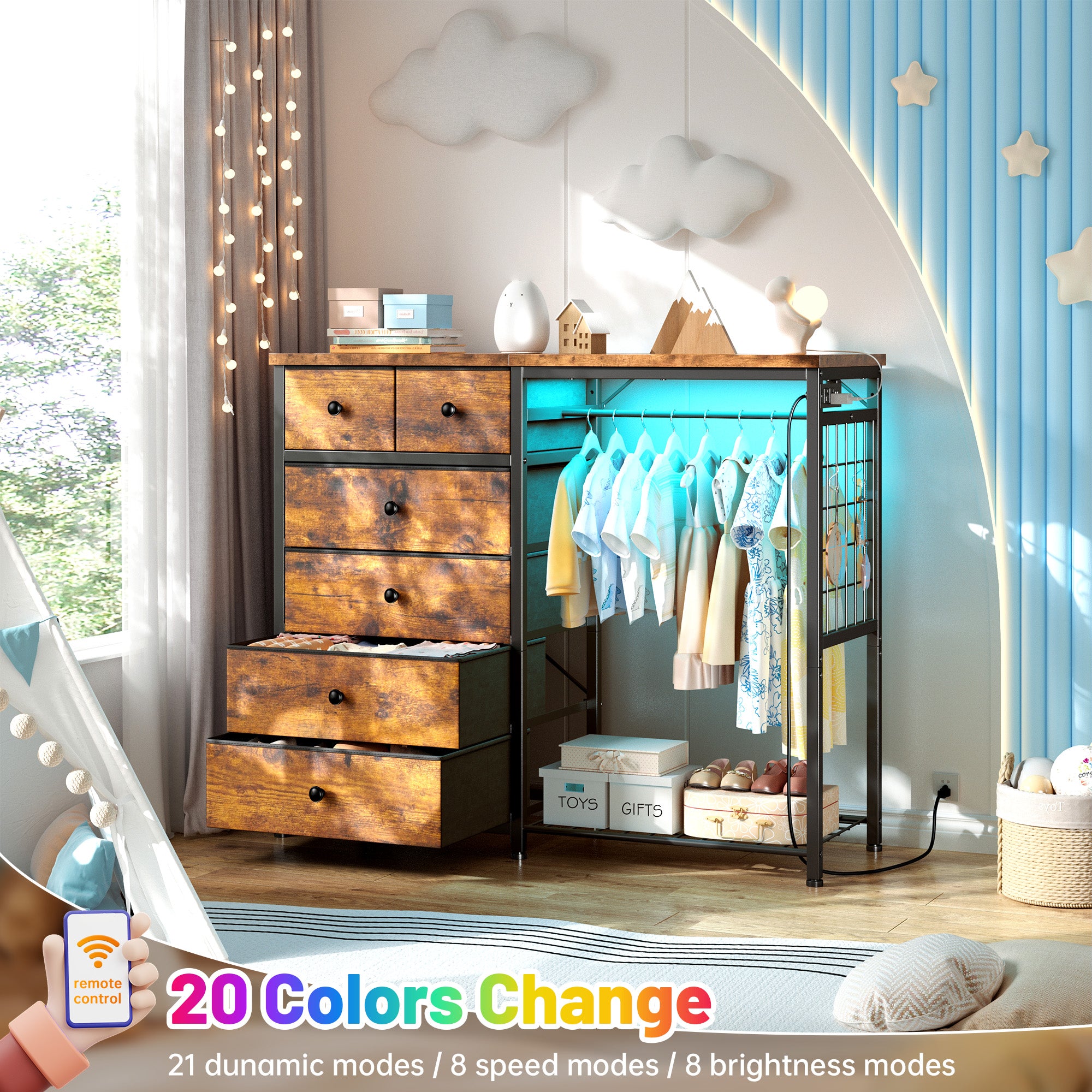 49.2" W Dresser with Hanging Rack & LED Lights - 6-Drawer Storage + Charging Station for Bedroom/Closet, Rustic Brown-Rustic Brown-snhomee