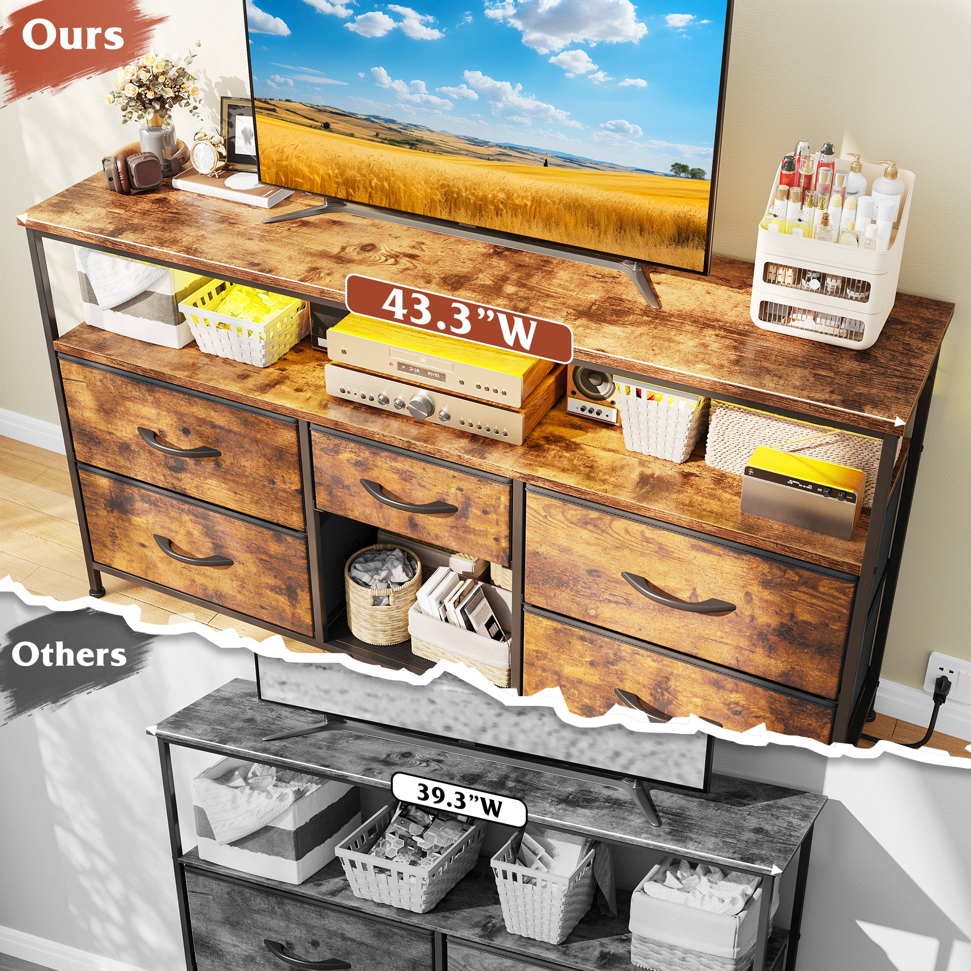50" LED TV Stand with 5 Drawers & Outlets | Metal Dresser for Bedroom/Living Room-Rustic Brown-snhomee