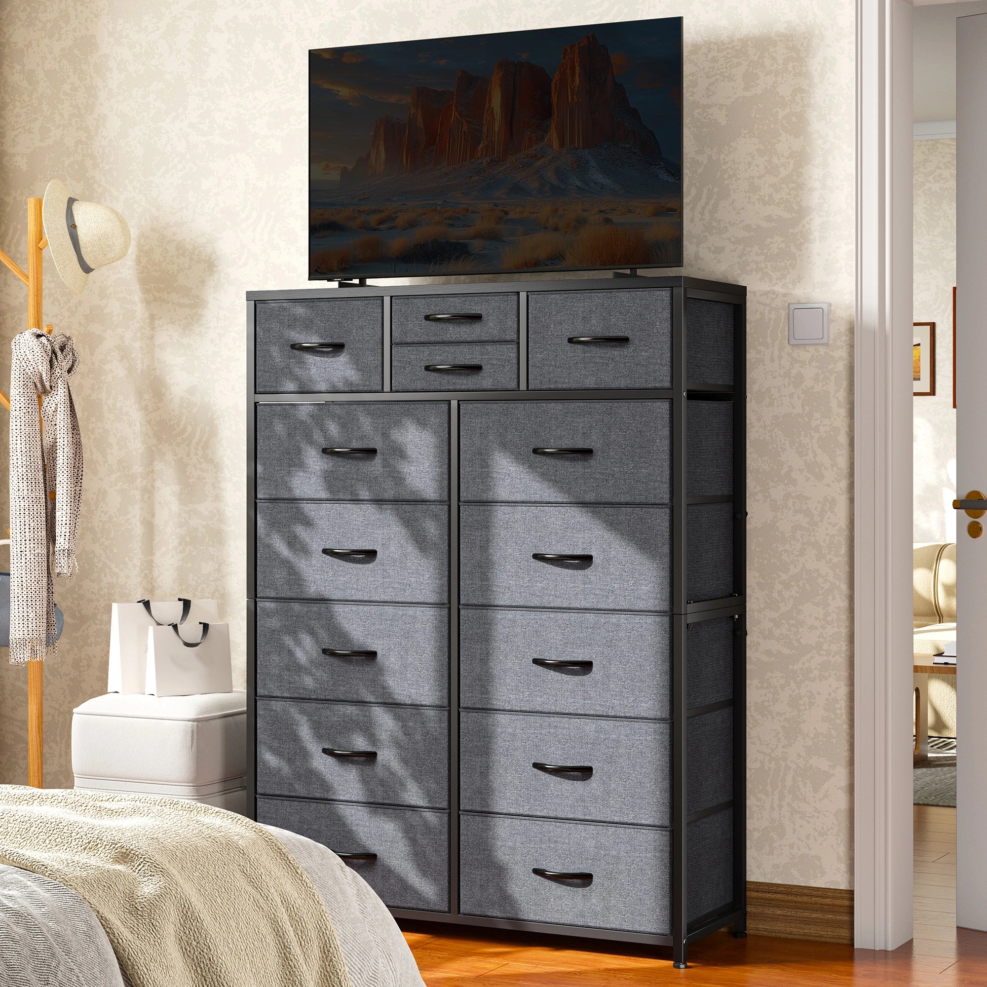 Snhomee Dresser for Bedroom with 14 Drawers, Tall Dressers for Bedroom,  Sturdy Metal Frame & Wood, Top Large Fabric Chest of Drawers, Closet, Livingroom
