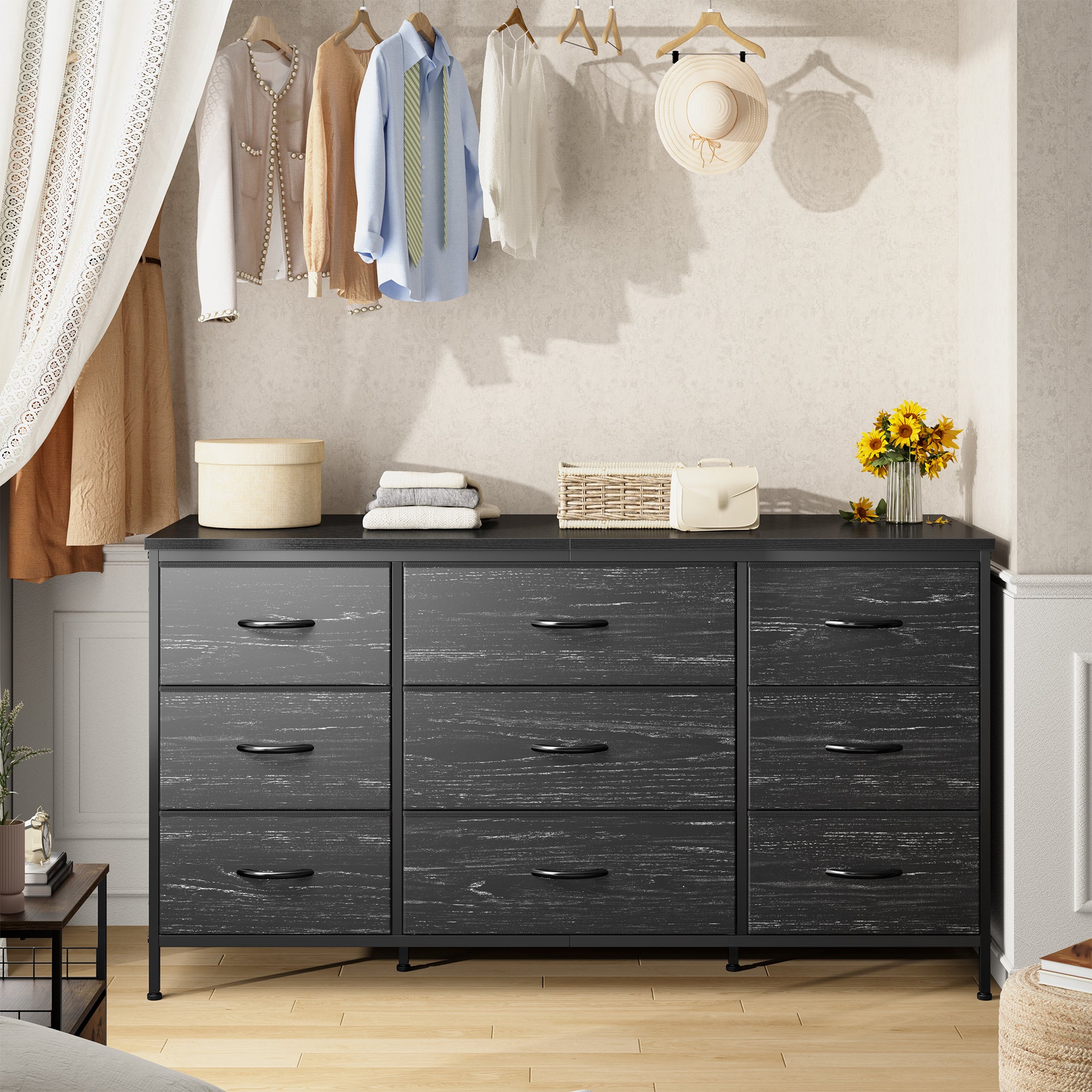 Snhomee Dresser TV Stand with 9 Drawers, Sturdy Metal Frame & Wood Top, Bedroom, Living Room, Hallway, Dorm room essentials, Back to school TV Stand Drawers
