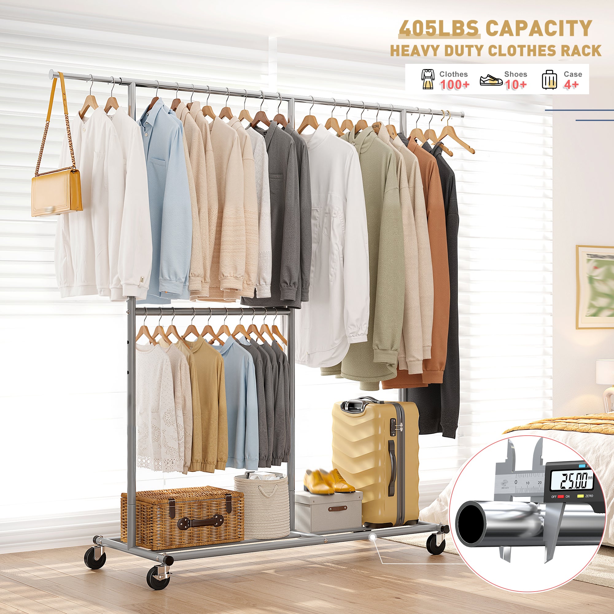 Snhomee 450 lbs Garment Rack with Wheels, Commercial Clothes Rack for Hanging-Home Storage > Clothes Rack-Gold-(45.3"-69.1")W x 17.8"D x 72"H-snhomee