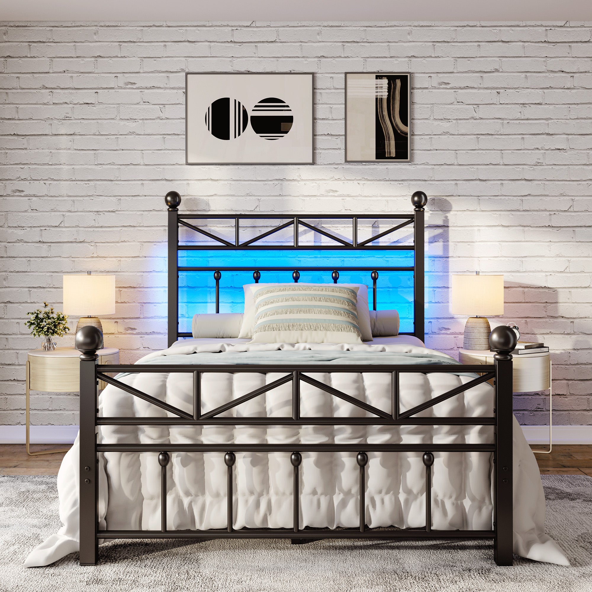 LED Metal Bed Frame with Tall Headboard & Footboard, Vintage Industrial Bed, Under Bed Storage & No Box Spring Needed, Noise-Free Design for Modern & Farmhouse Bedrooms