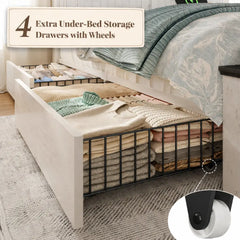 Snhomee Platform Storage Bed Frame with 4 Drawers & LED Charging Headboard, 900 lbs Support, Farmhouse Style, Easy Assembly, No Box Spring Required