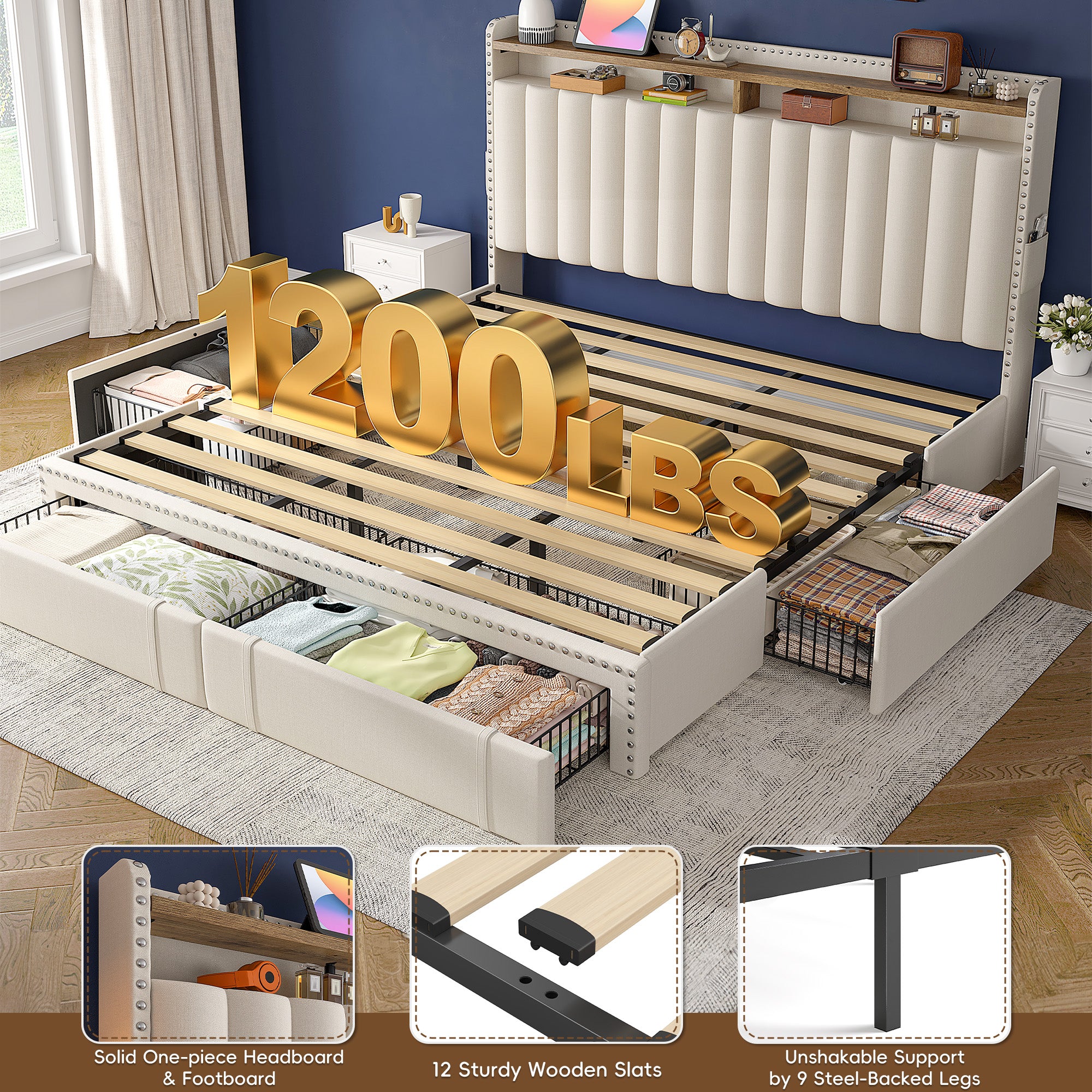 Snhomee Heavy Duty Platform Bed Frame with Storage Drawers - Silent 1200LB Capacity, No Box Spring Needed, Upholstered Headboard