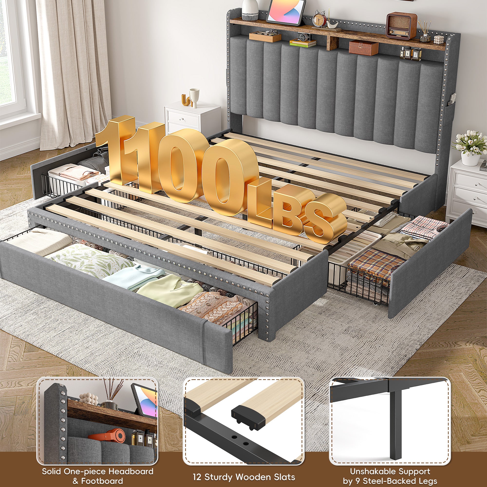 Snhomee Heavy Duty Platform Bed Frame with Storage Drawers - Silent 1200LB Capacity, No Box Spring Needed, Upholstered Headboard