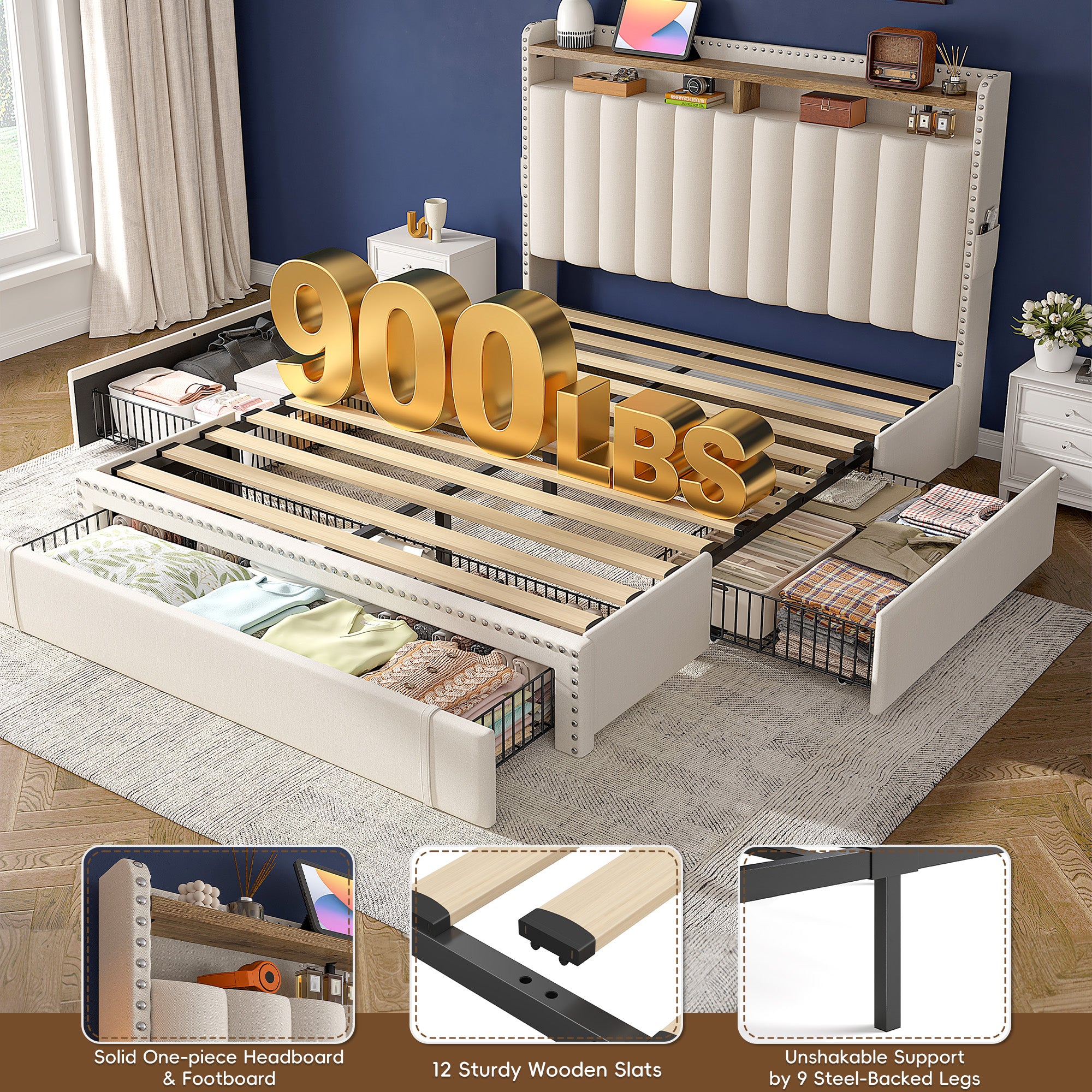 Snhomee Heavy Duty Platform Bed Frame with Storage Drawers - Silent 1200LB Capacity, No Box Spring Needed, Upholstered Headboard