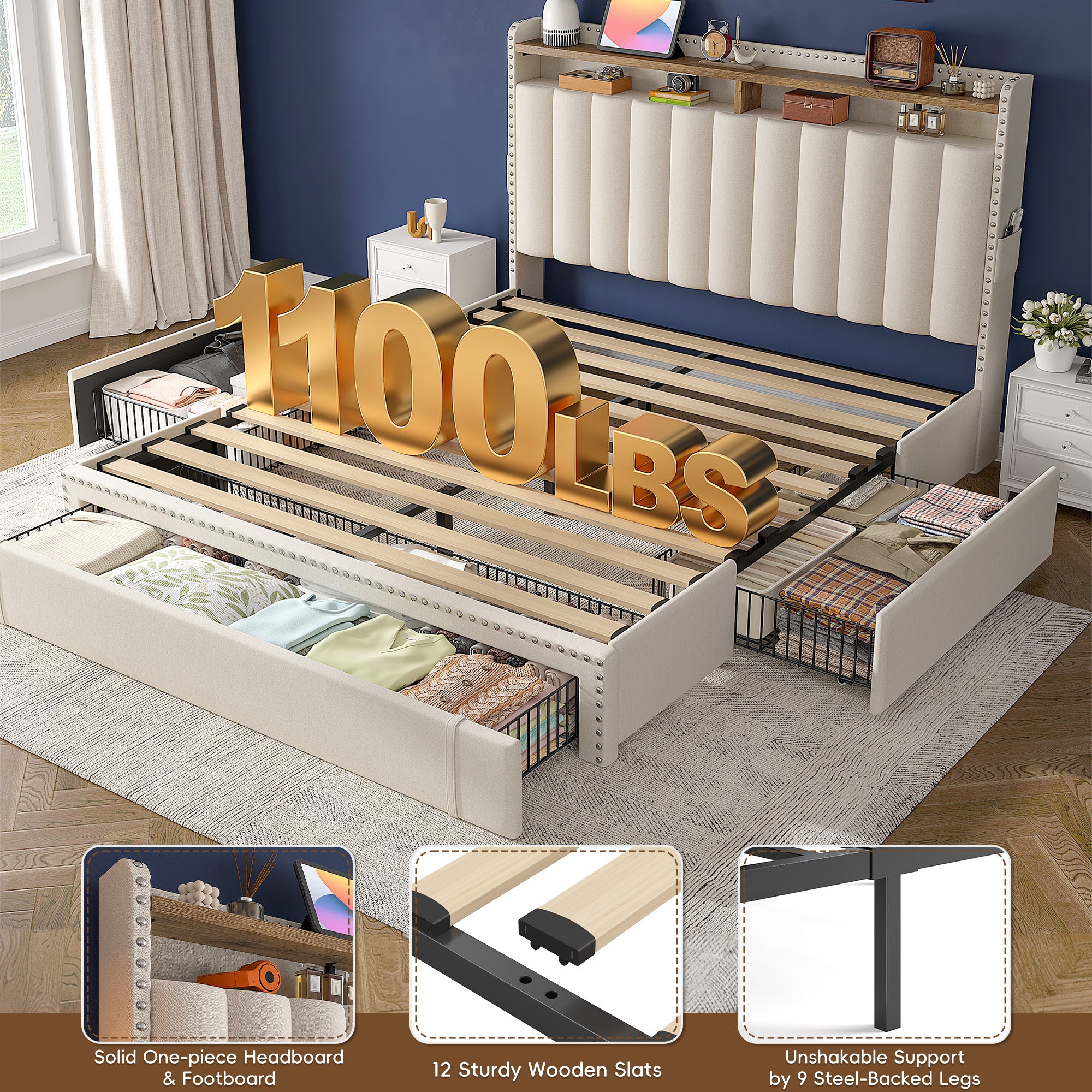 Snhomee Heavy Duty Platform Bed Frame with Storage Drawers - Silent 1200LB Capacity, No Box Spring Needed, Upholstered Headboard