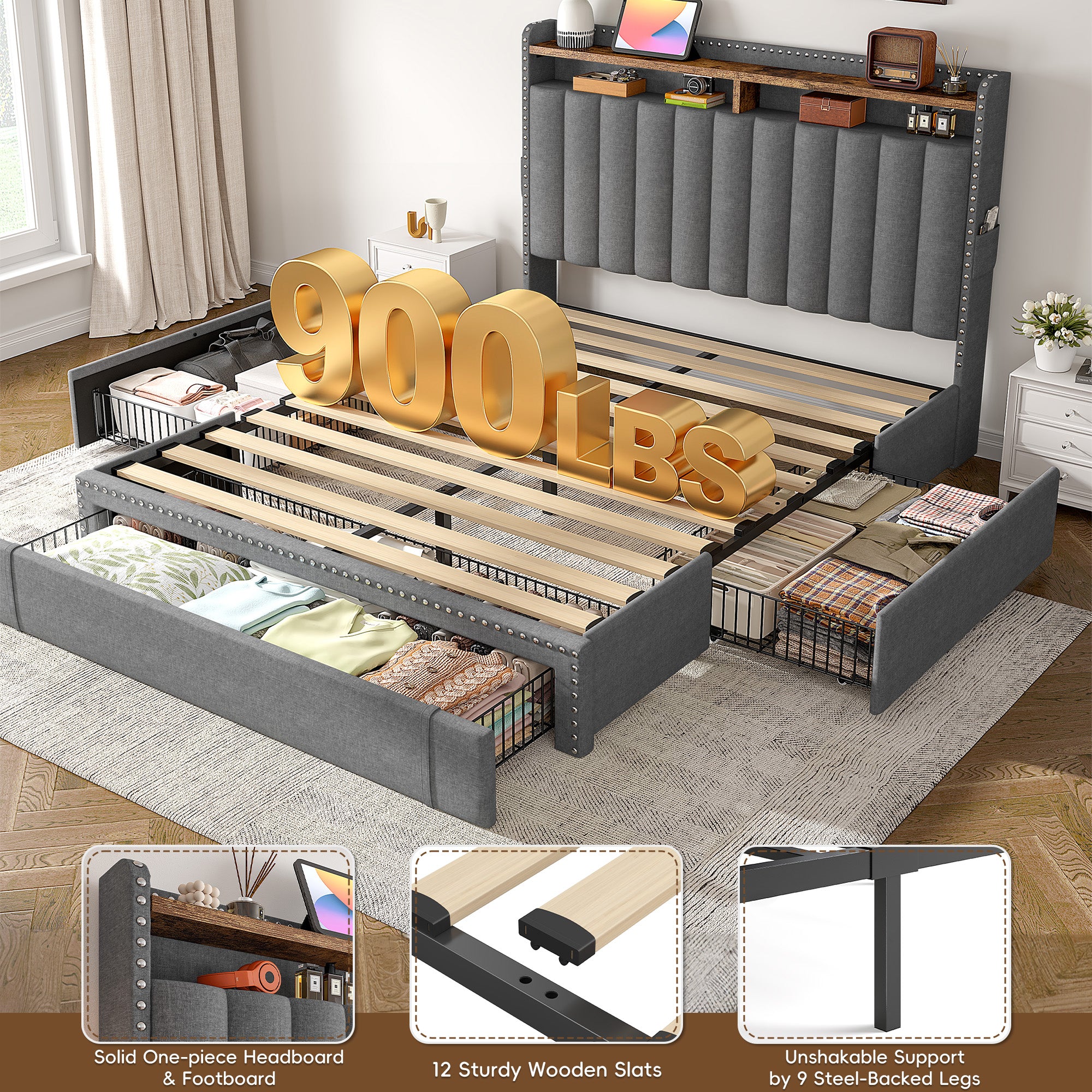 Snhomee Heavy Duty Platform Bed Frame with Storage Drawers - Silent 1200LB Capacity, No Box Spring Needed, Upholstered Headboard
