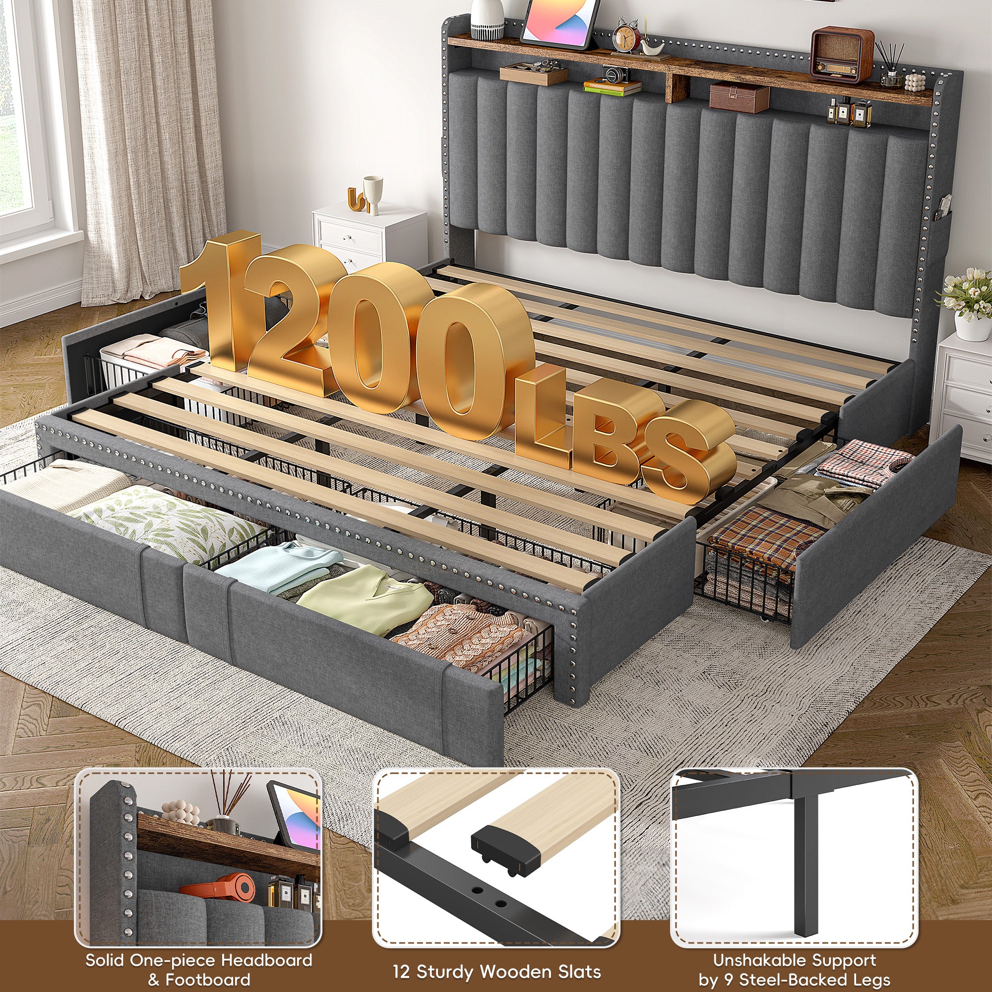 Snhomee Heavy Duty Platform Bed Frame with Storage Drawers - Silent 1200LB Capacity, No Box Spring Needed, Upholstered Headboard
