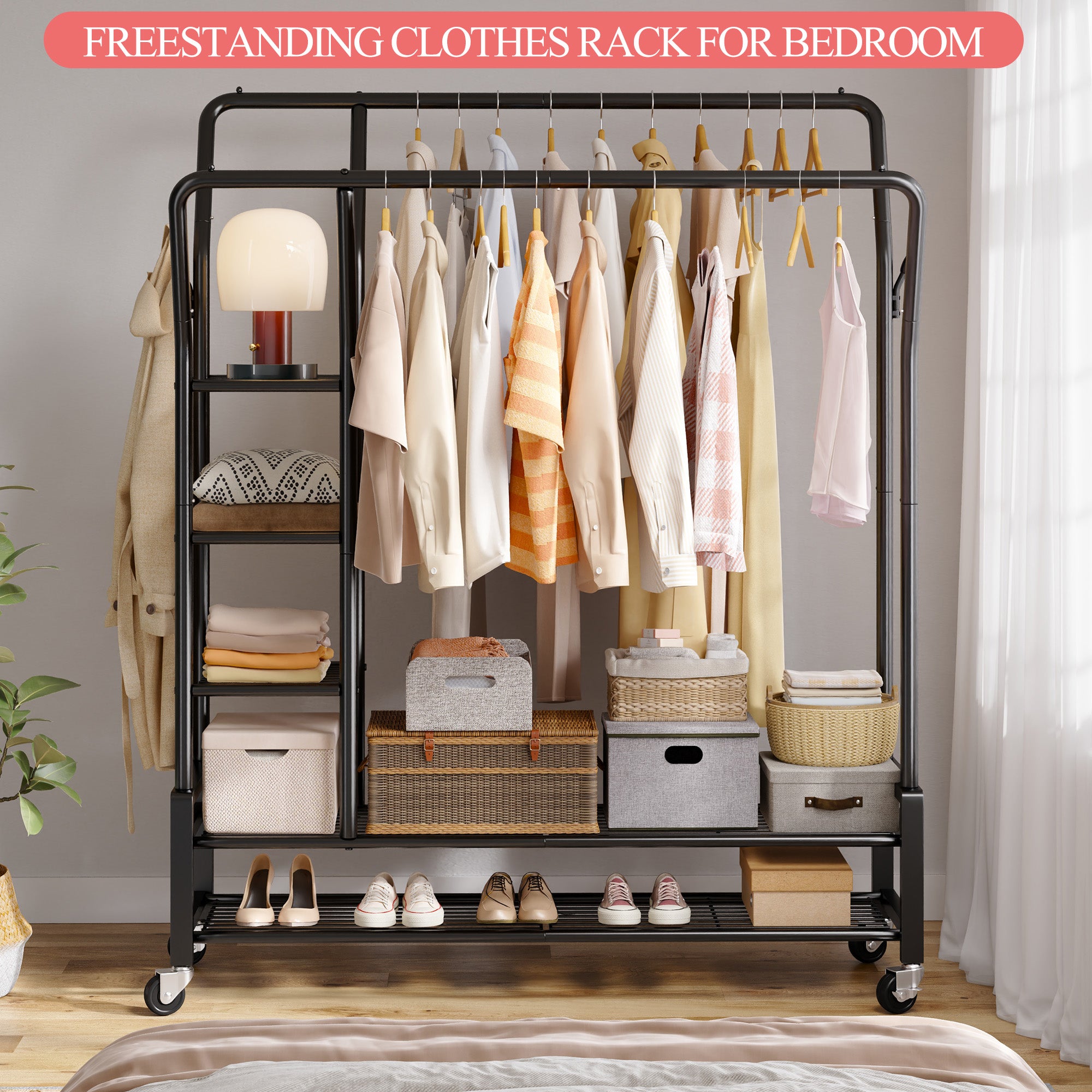 Snhomee Portable Rolling Clothes Rack with Shelves,Clothes Hanging Rack with Wheels, For Commercial&Bedroom