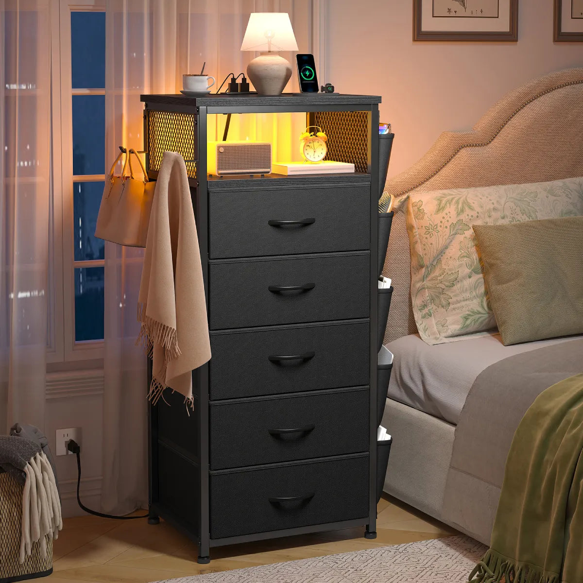 Snhomee 5-Drawer LED Nightstand with Charging Station & Storage Bag snhomee Snhomee 5-Drawer LED Nightstand with Charging Station & Storage Bag snhomee