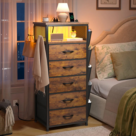 Snhomee Nightstand with 5 Drawers, Narrow and Tall Nightstand with Charging Station & LED Lights, Modern Nightstands for Bedroom, Dorm, Apartment, Small Spaces 1200