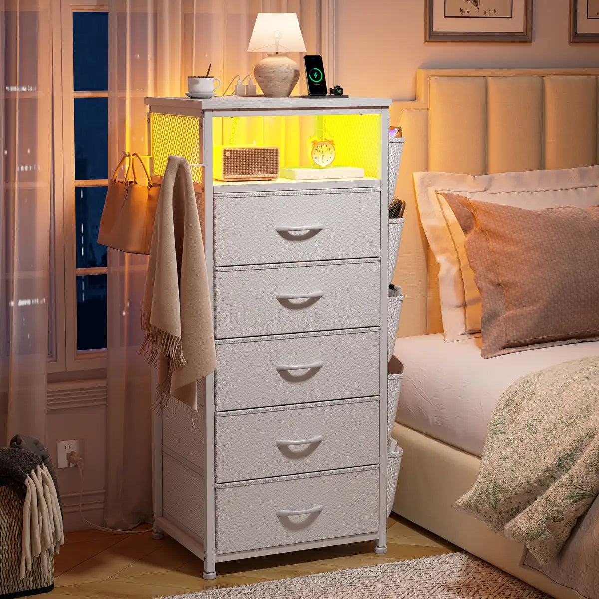 Snhomee Nightstand With 5 Drawers, Narrow and Tall Nightstand With Charging Station & Extra Storage Bag -Nightstand Dresser For Bedroom, Dorm, Snhomee Nightstand With 5 Drawers, Narrow and Tall Nightstand With Charging Station & Extra Storage Bag -Nightstand Dresser For Bedroom, Dorm,