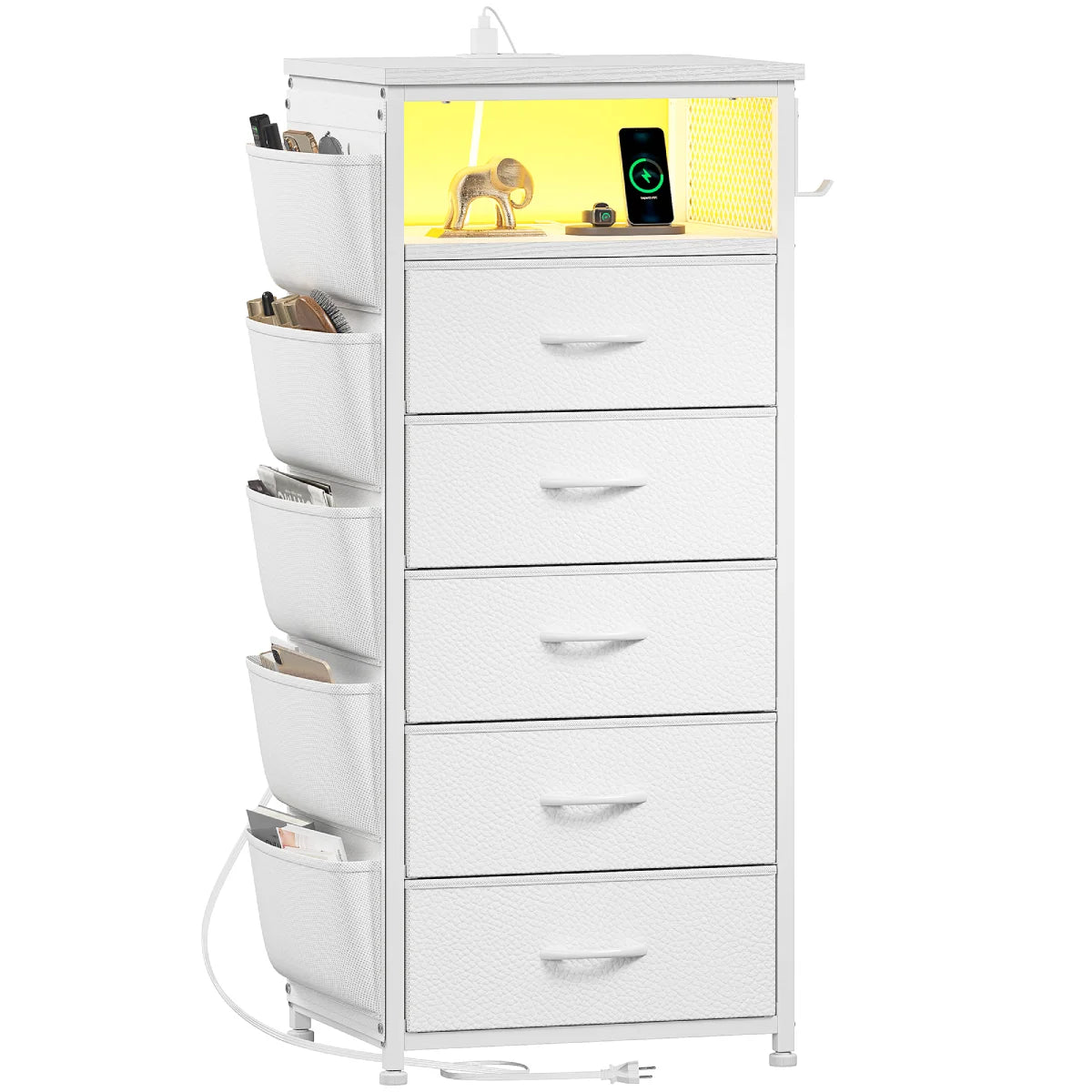 Snhomee Tall LED Nightstand with 5 Drawers, Charging Station & Extra Storage Bag - for Bedroom, Dorm, Apartment & Small Spaces