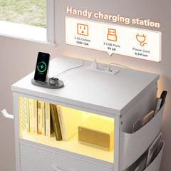 Snhomee Tall LED Nightstand with 5 Drawers, Charging Station & Extra Storage Bag - for Bedroom, Dorm, Apartment & Small Spaces