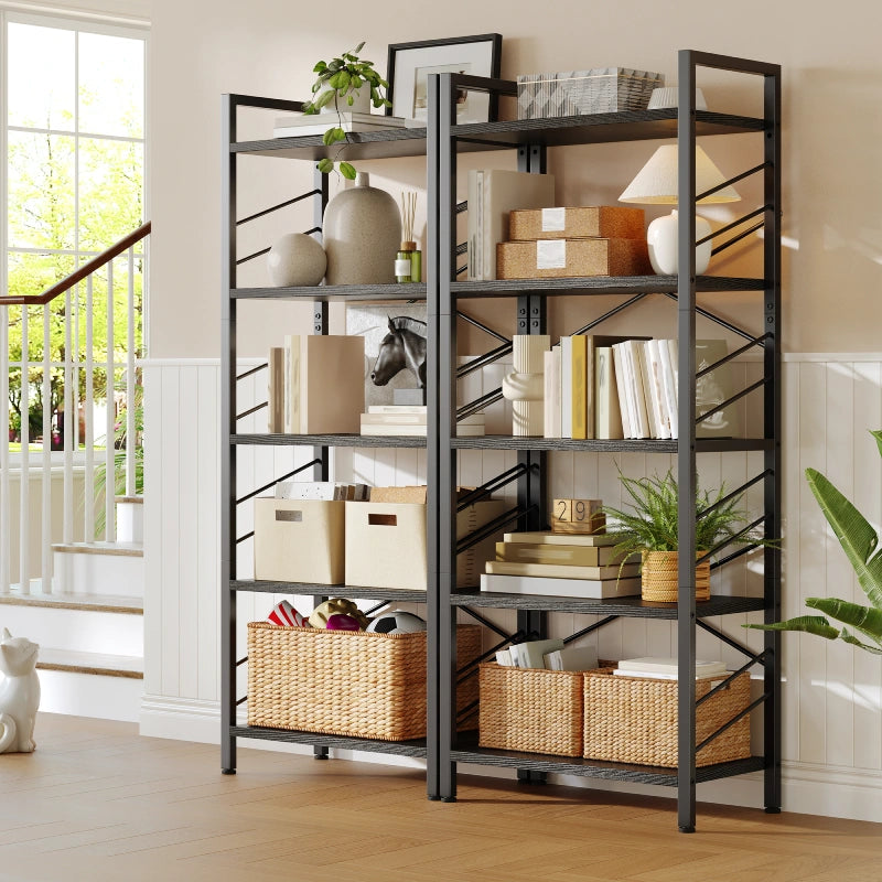 bookshelves are displayed in the corridor, with a lot of miscellaneous items stacked on them