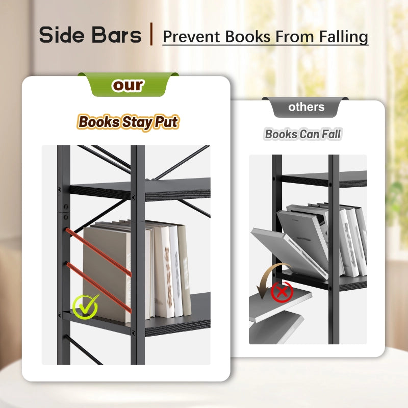 bookshelf side rail anti-slip design to prevent books and other items from sliding off one side