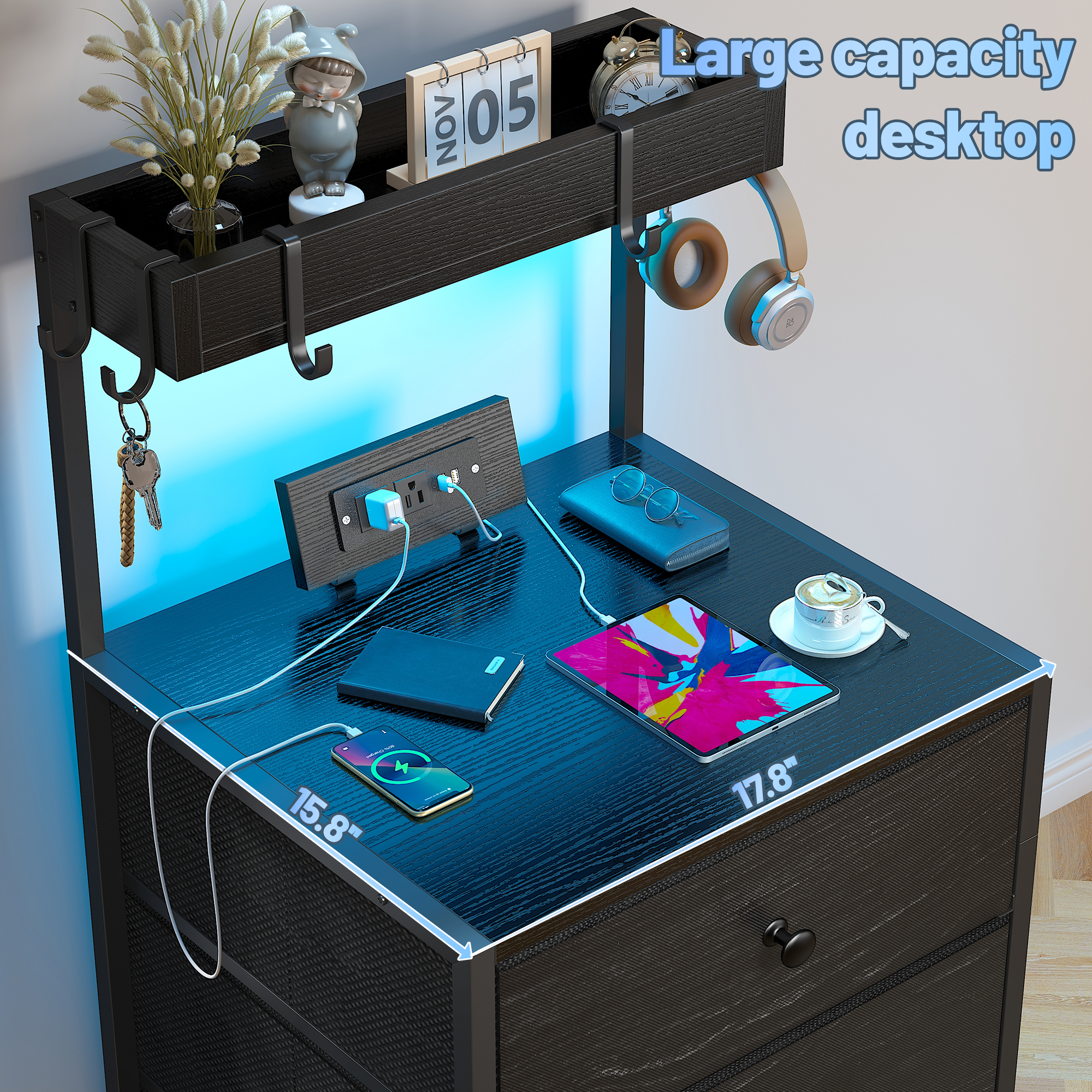 ‌Tall LED Nightstand with Charging Station & 3-Drawer Shelves | Bedside Table with USB/AC Outlets & 4 Hooks-Black-snhomee