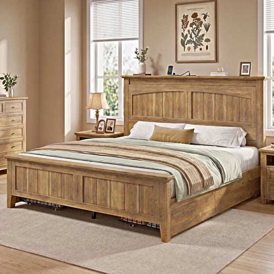Snhomee Platform Bed with 4 Storage Drawers, 50.4" Tall Headboard, Charging Station, 1,100 lbs Support, Modern Rustic Farmhouse Style 1000