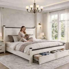 Snhomee Farmhouse Wood Platform Bed Frame with 2 Storage Drawers