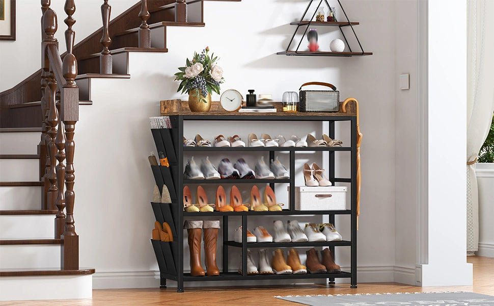 Snhomee  6 Tier Metal Shoe Rack for Entryway, Shoe Storage Organizer Holds 20-24 Pairs, Wooden Top and Side Pocket for Entry, Entrance, Hallway, Dormitory