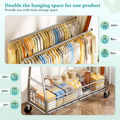 Snhomee 630 lbs Heavy Duty Rolling Garment Rack with Shelves, 70"H  Space-Saving Commercial Clothing Rack for Bedroom, Closet, Laundry, Commercial