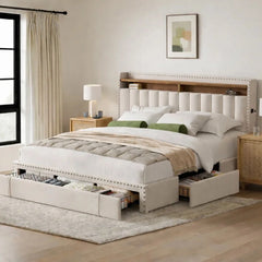 Snhomee Upholstered Bed Frame with Storage, High Weight Capacity, Silent Platform Bed, No Box Spring Needed