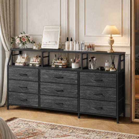 55"W Dresser for Bedroom with 9 Fabric Drawers,Modern Storage Organizer for Family,Chest of Drawers with Metal Frame & Wooden Shelves Top for Entryway 800