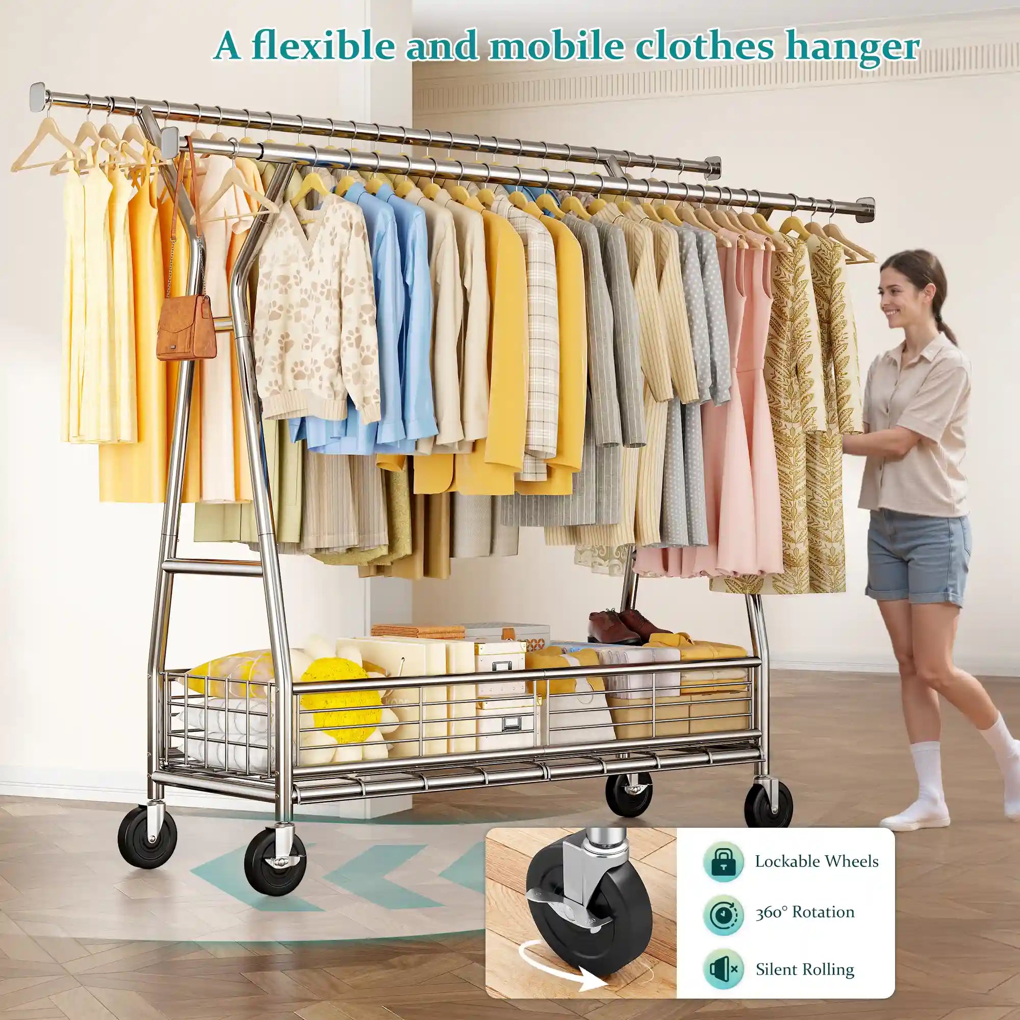 Snhomee 630 lbs Heavy Duty Rolling Garment Rack with Shelves, 70"H  Space-Saving Commercial Clothing Rack for Bedroom, Closet, Laundry, Commercial