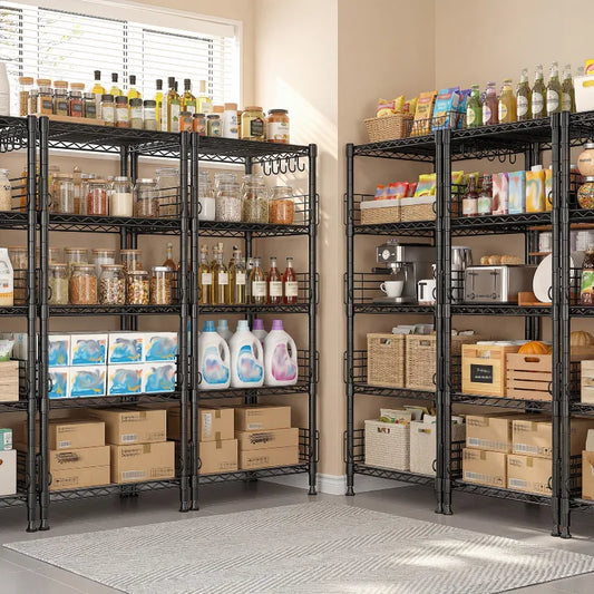 Snhomee 5 Tier Wire Shelving, Metal Storage Rack, Heavy Duty, Adjustable Shelves, Anti -Fall Side Rails, Utility Organizer, Pantry Kitchen Bathroom Garage Storage, Wall Hooks, Narrow 18.1 Inch Wide Shelf, 330lbs Capacity 800