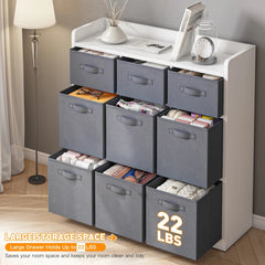9 Drawer Solid Wood Dresser for Bedroom,White Wood Dresser with Fabric Drawers Ample Storage Space-Furniture > Dresser-snhomee