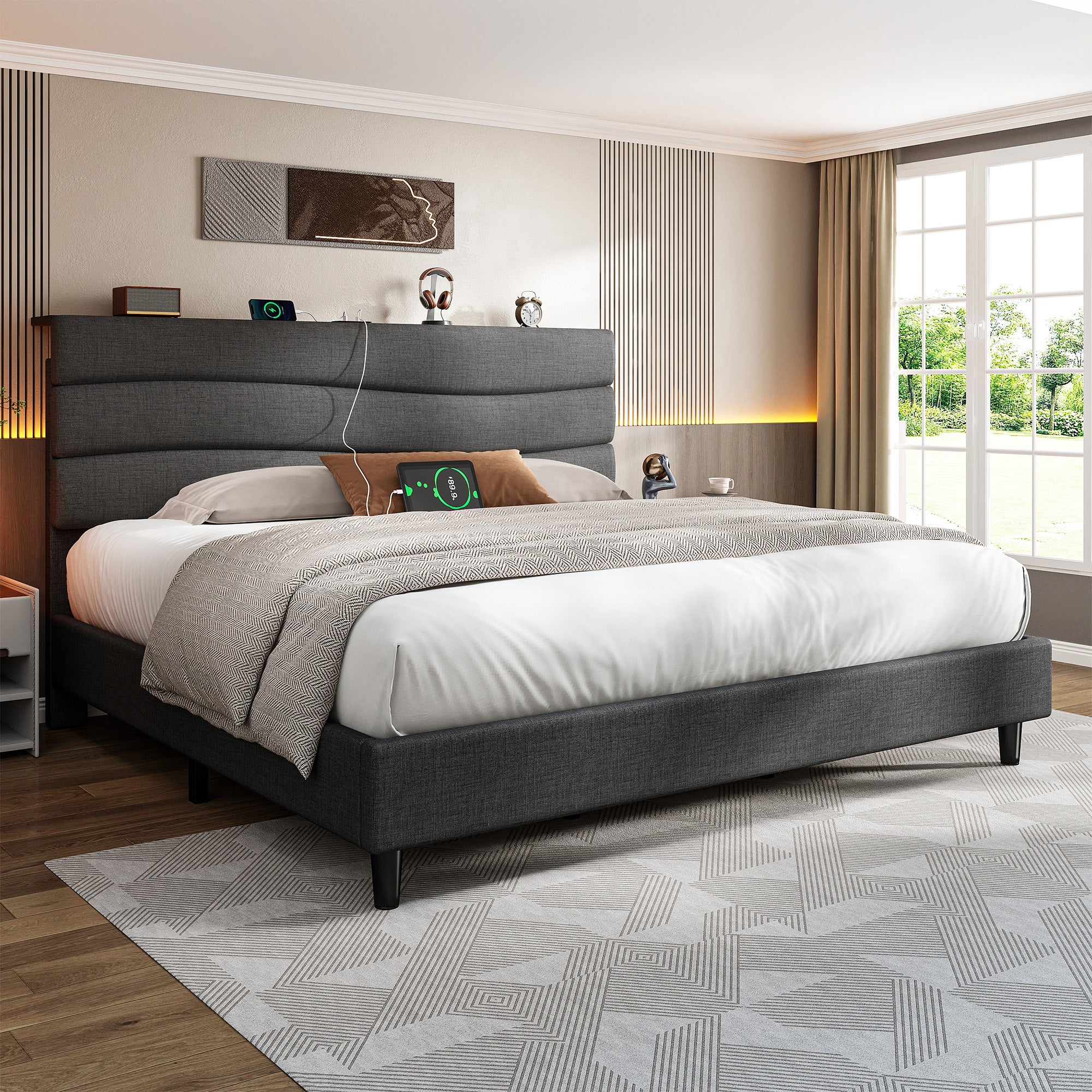 SnHomee Upholstered Bed Frame with Storage Headboard & Charging Station - USB Ports, Adjustable Fabric Headboard, Noise-Free Design, No Box Spring Needed, Back to School Beds On Sale