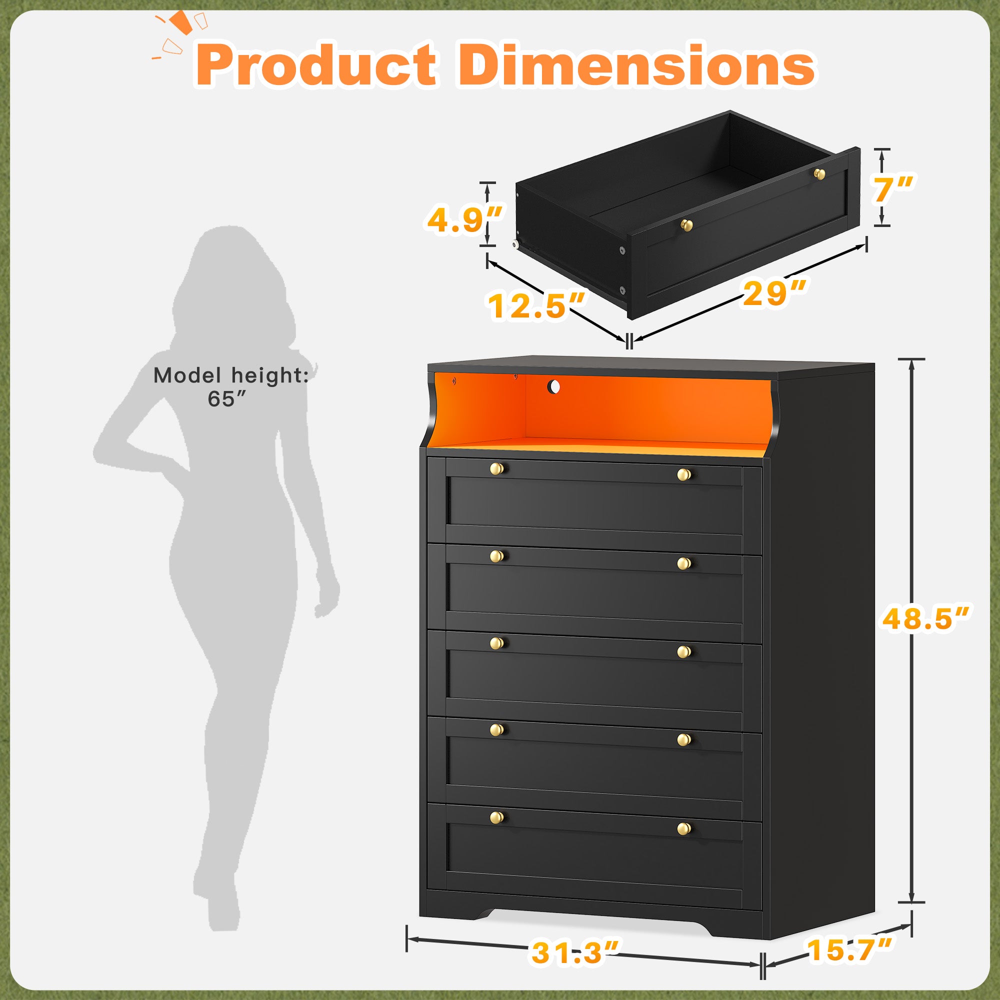 Snhomee 5-Drawer Tall Dresser with LED Lights & Shelves Modern Storage Cabinet for Bedroom, Living Room & Entryway 31.3" W x 48.5" H x 15.7" D / Snhomee 5-Drawer Tall Dresser with LED Lights & Shelves Modern Storage Cabinet for Bedroom, Living Room & Entryway 31.3" W x 48.5" H x 15.7" D /