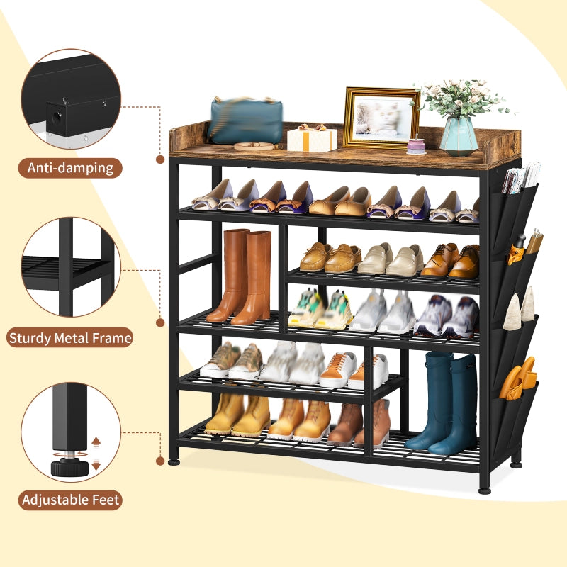 Snhomee  6 Tier Metal Shoe Rack for Entryway, Shoe Storage Organizer Holds 20-24 Pairs, Wooden Top and Side Pocket for Entry, Entrance, Hallway, Dormitory