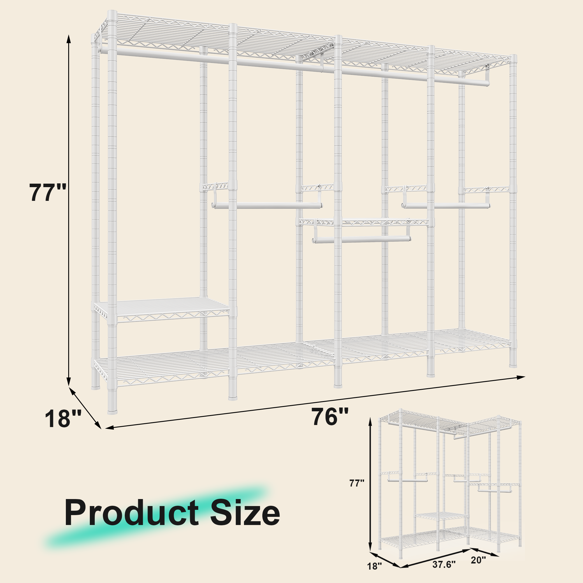 Snhomee 76"W 1100LBS Heavy Duty Clothing Rack with Shelves Metal Clothes Hanger Rack for Hanging Clothes-Home Storage > Clothes Rack-Black-snhomee