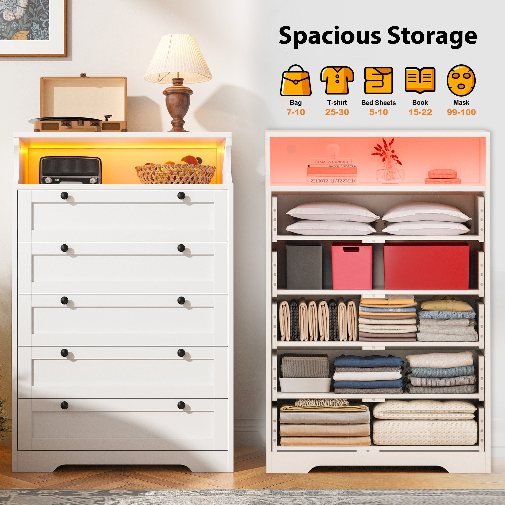 48"H 5-Drawer Wood Dresser and Chest with LED Lights for Bedroom