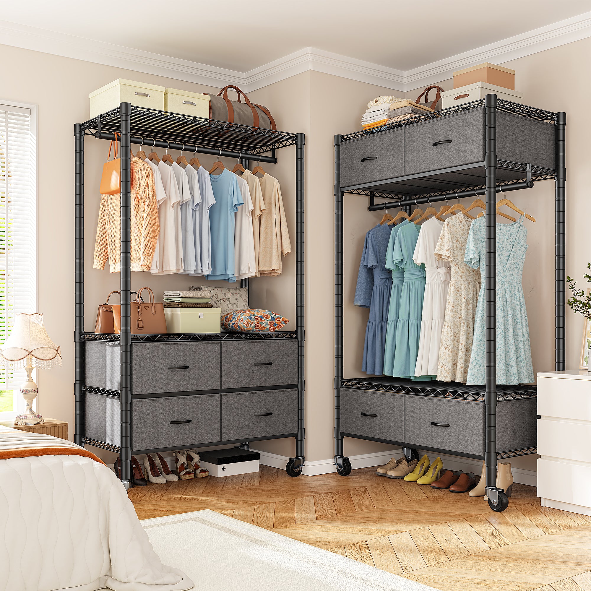 Snhomee Portable Clothes Rack with 4 Drawers Metal Clothing Garment Rack, Freestanding/Rolling-Home Storage > Clothes Rack-Black Rolling Rack-snhomee