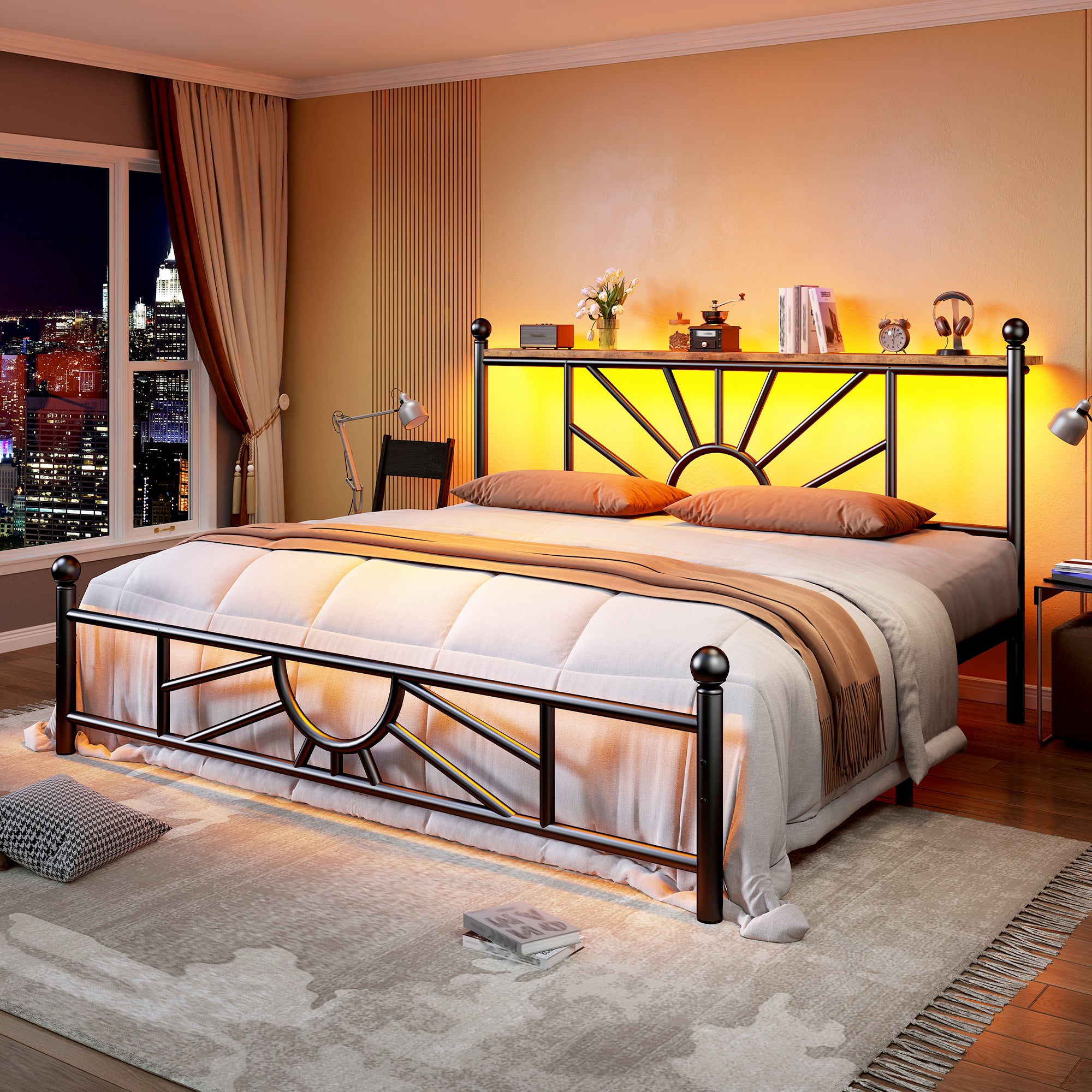 Snhomee Metal Bed Frame with LED Lights Under Headboard&Footboard - 1300LBS Capacity, Underbed Storage, No Box Spring Needed, Noise-Free Design, Back to School Beds Best Choice