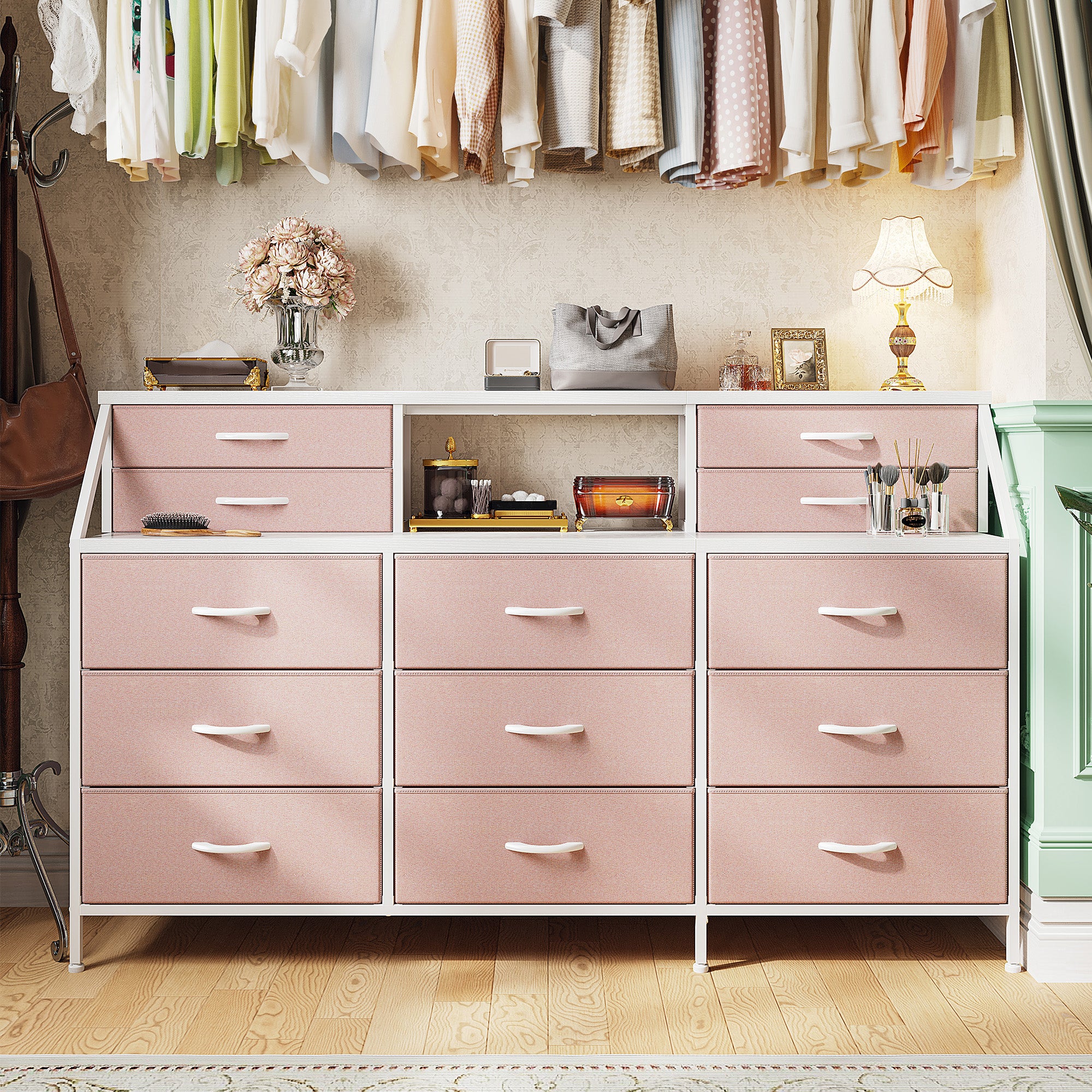 Girls Dresser Organizer: 55"W Dresser with 13 Fabric Drawers and 2 Open Shelves, Metal Frame & Wooden Top for Bedroom/Closet
