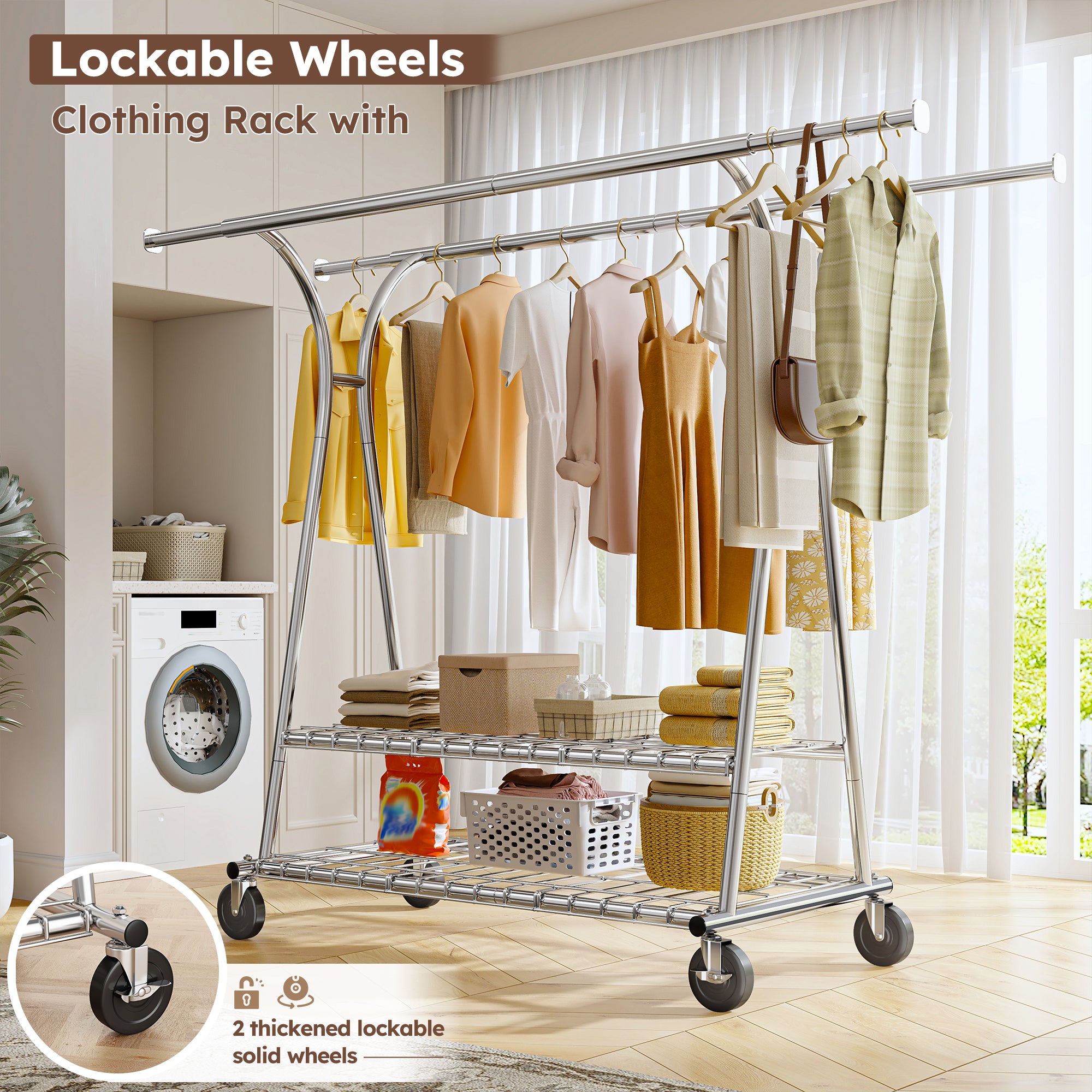Snhomee Commercial Heavy-Duty Clothing Rack with Shelves on Wheels, 78"W Adjustable Garment Rack, 441 lbs Capacity, Rust-Resistant for Store/Retail/Home Closet