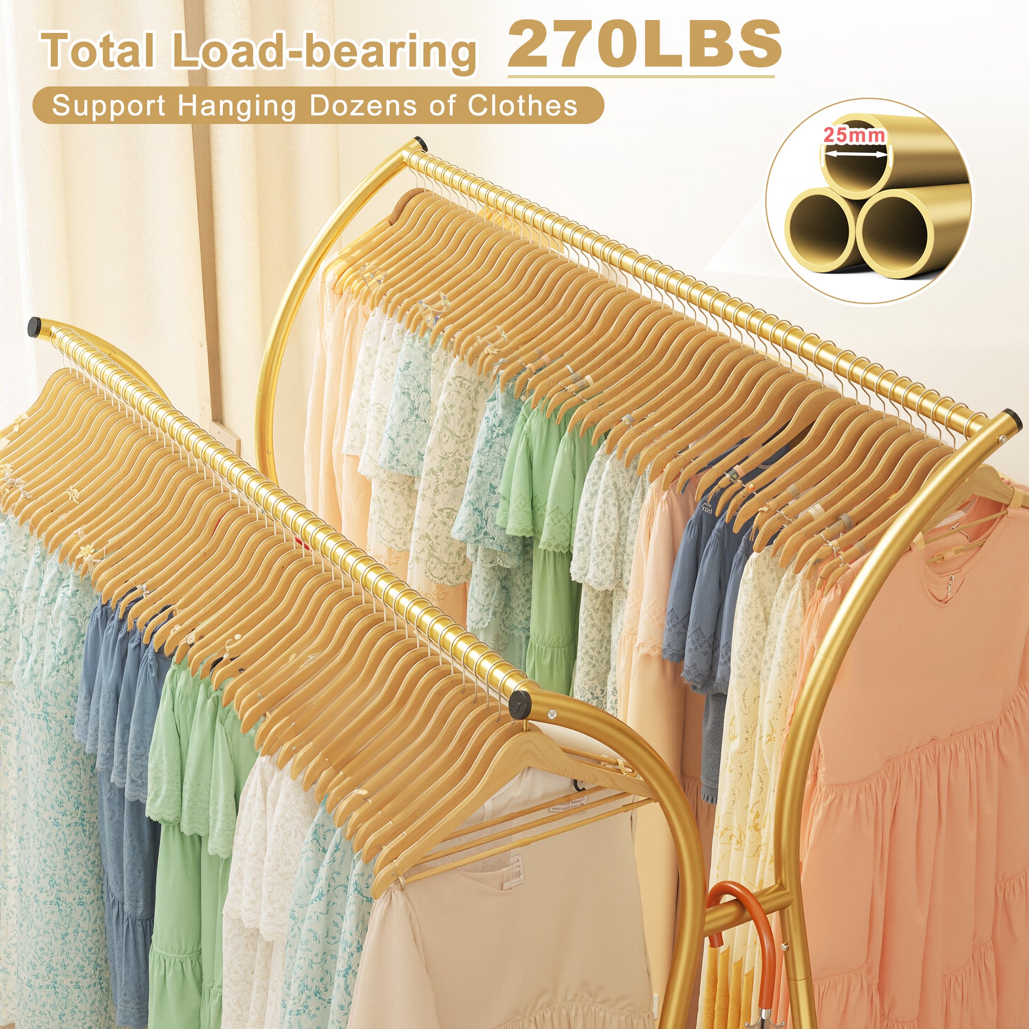 Double Rod Clothes Hanger Rack, Metal Rolling Clothing Rack With Wheels, 52"W x 20"D x (63"-69")H, Gold/Black-Gold-snhomee