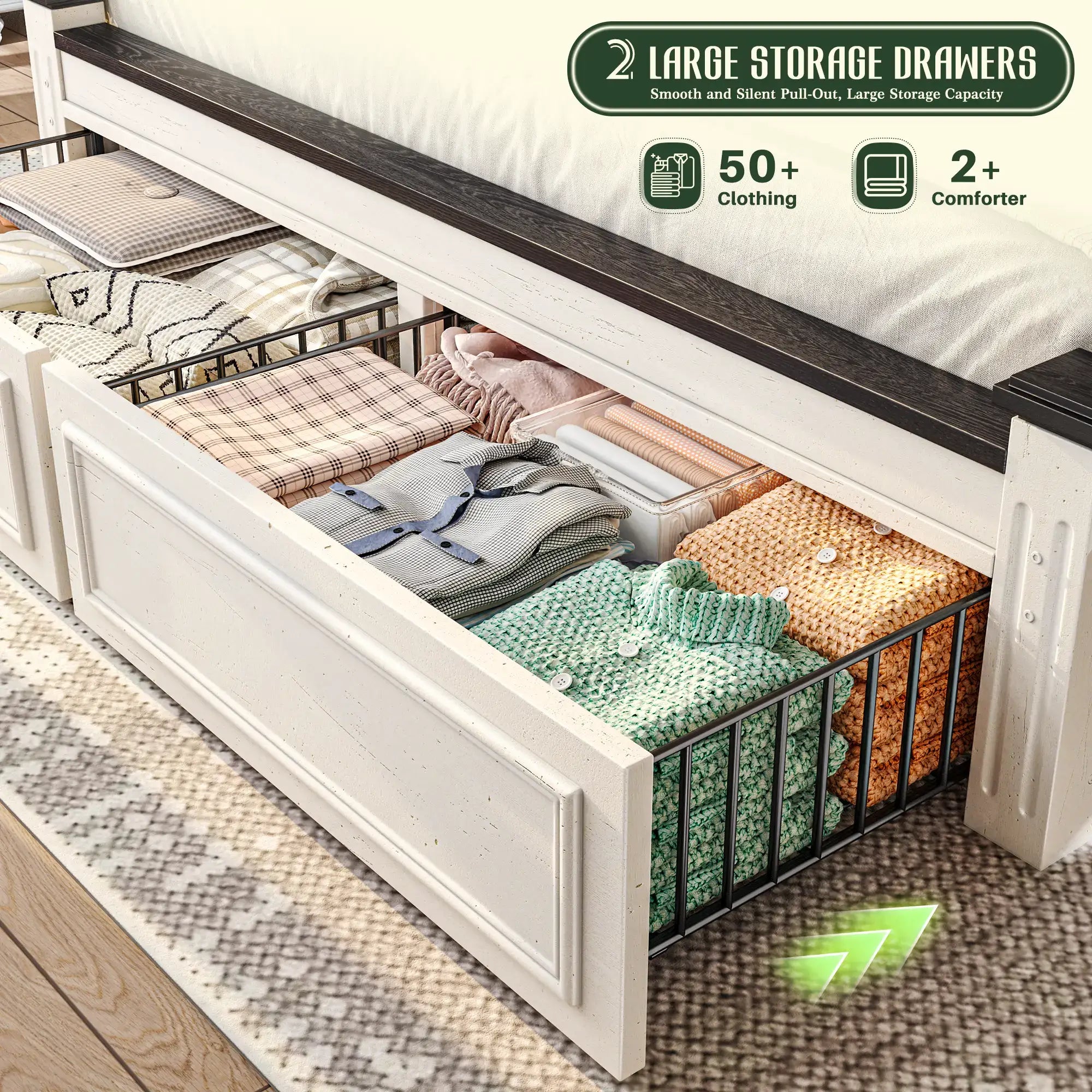 Snhomee Bed Frame with 51.25" H Headboard and Storage Drawers, Modern Bed Frame with Storage ,NO Noise, No Box Spring Needed, White