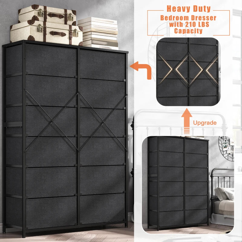 Dresser for Bedroom with 12 Drawers, Tall Dressers & Chests of Drawers Bedroom, Fabric Bedroom Dresser with Wood Top,Living Room,Hallway,Closet,Black-Furniture > Dresser-snhomee