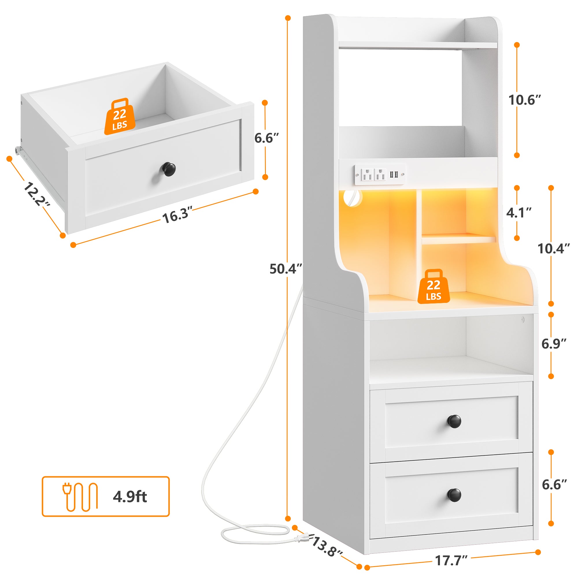 Tall White LED Nightstand with USB Charging Station & Outlets | 2 Drawers & Open Shelves Farmhouse Style Bedside Table | Wood & Metal Frame-White-snhomee