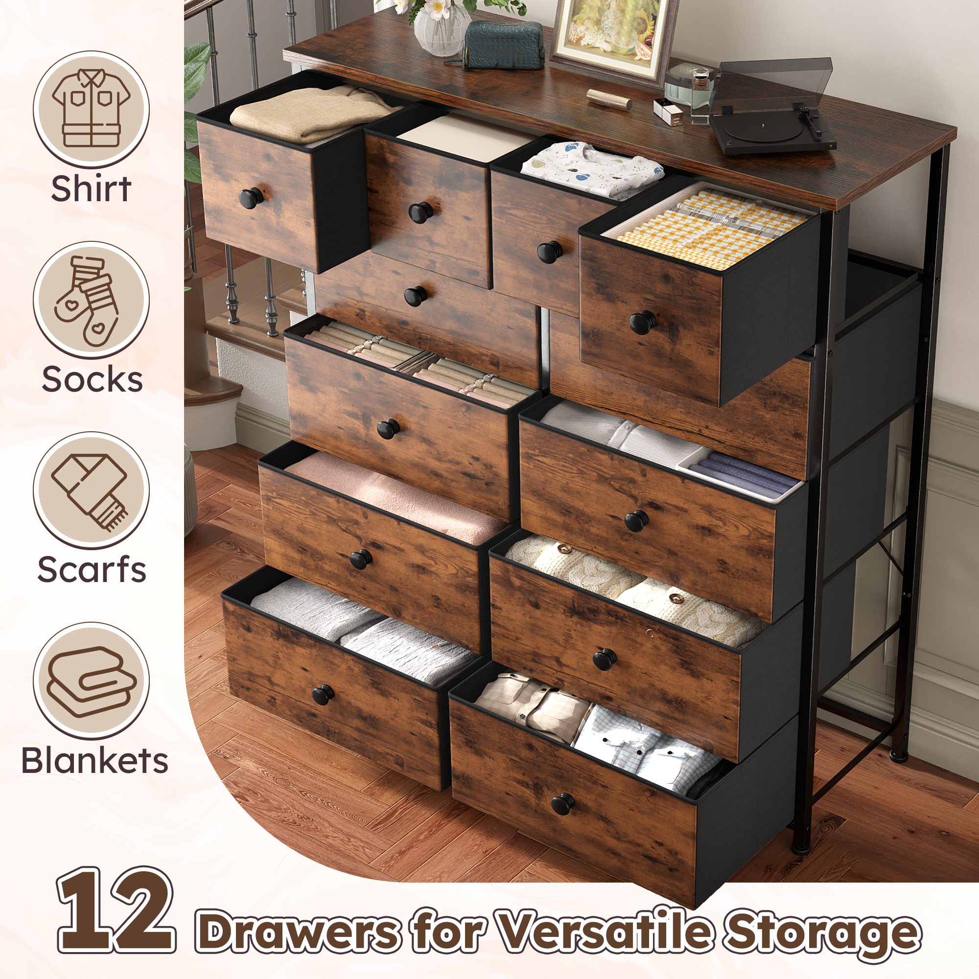 Snhomee 12-Drawer Tall Dresser for Bedroom  - Fabric & Metal Storage Organizer with Wood Top, Anti-Tip Design, Space-Saving, Closet, Entryway, Dorm Furniture, Back to school