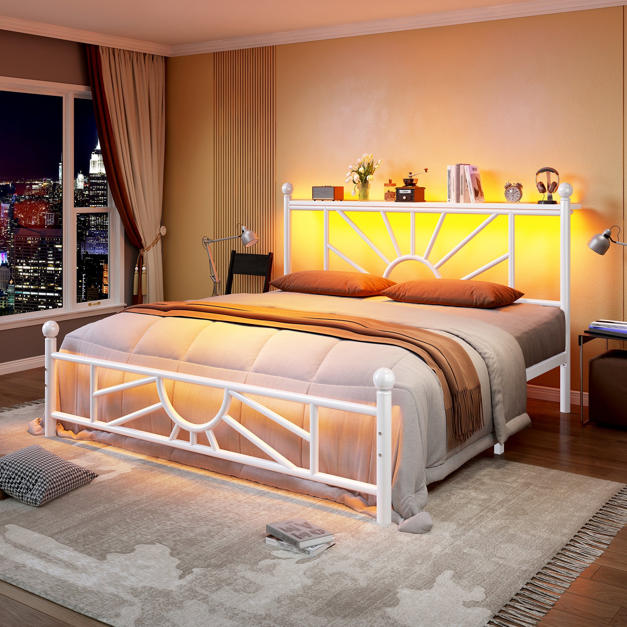 Snhomee Metal Bed Frame with LED Lights Under Headboard&Footboard - 1300LBS Capacity, Underbed Storage, No Box Spring Needed, Noise-Free Design, Back to School Beds Best Choice